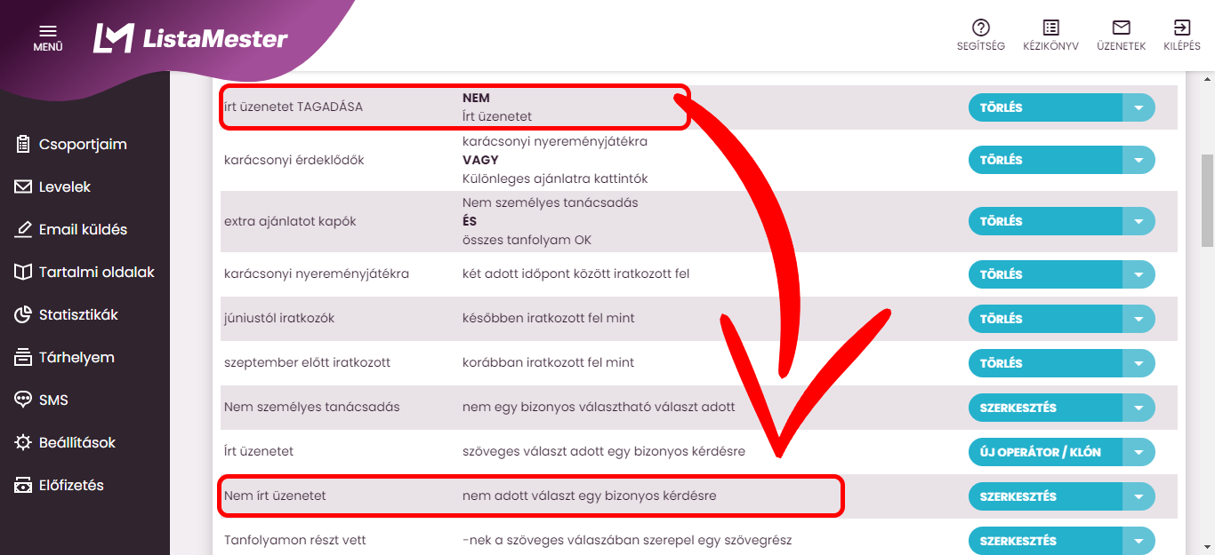 Listamester - kézikönyv - csoporttagok - szűrők - nem operátor vs. nem írt üzenetet