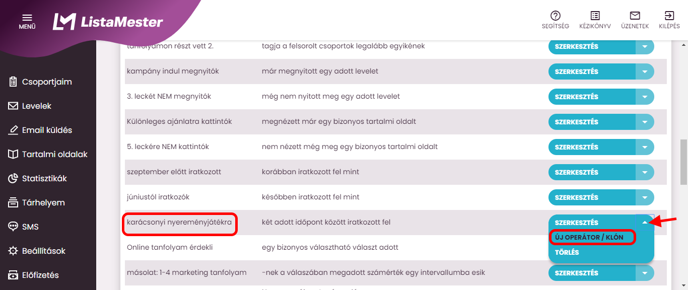 Listamester - kézikönyv - csoporttagok - szűrők - operátor hozzáadása