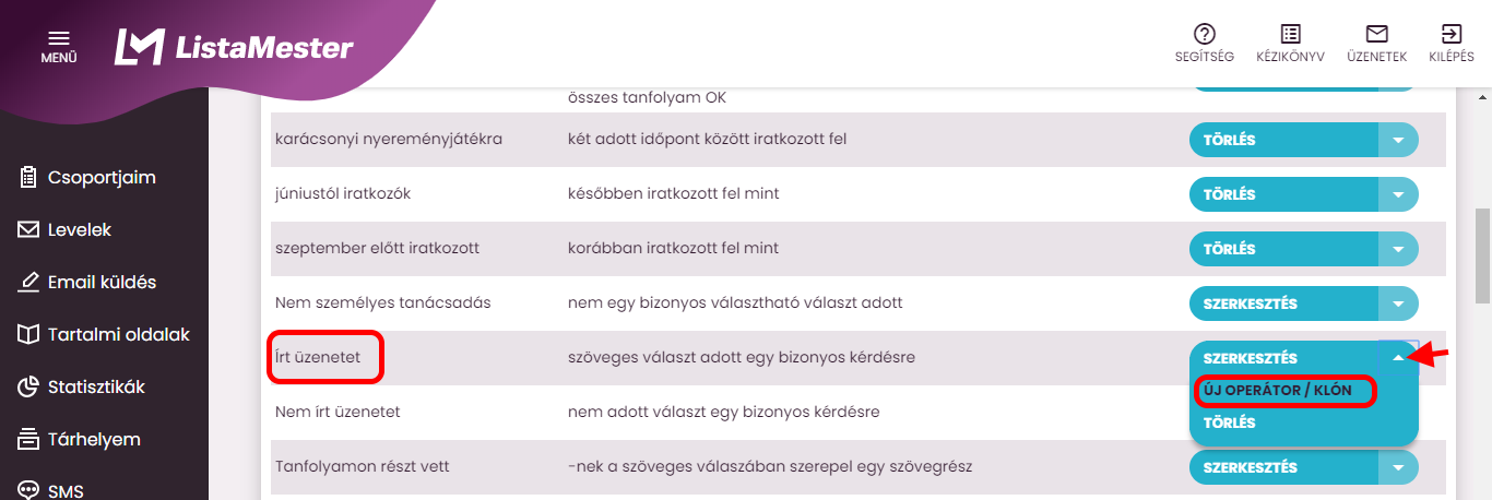 Listamester - kézikönyv - csoporttagok - szűrők - operátor hozzáadása