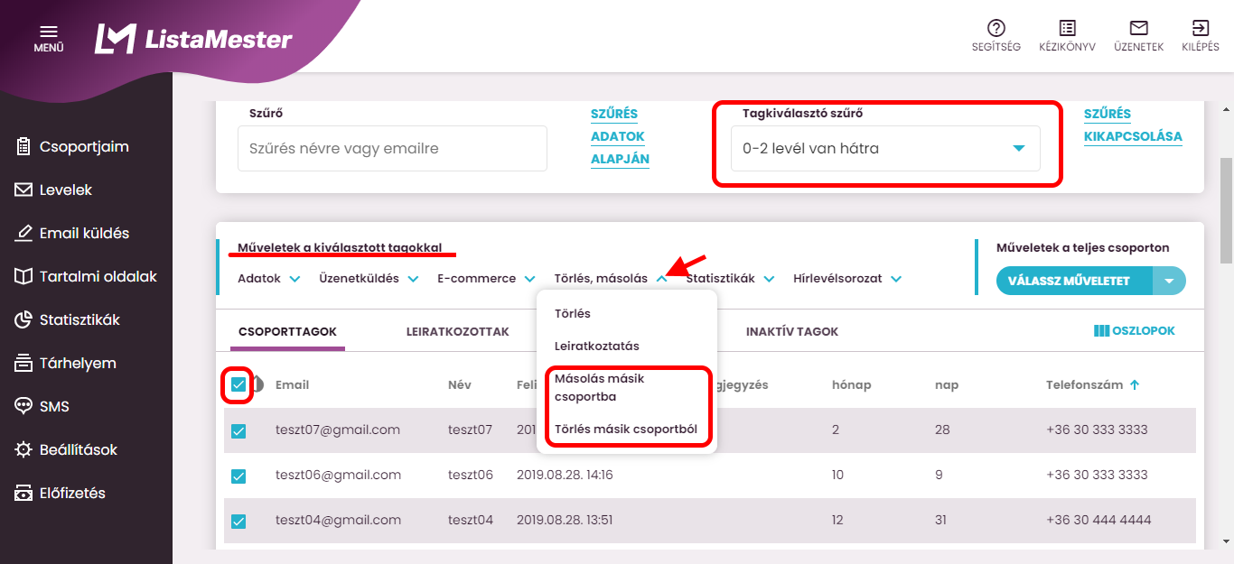 Listamester - kézikönyv - csoporttagok - szűrők -szűrt tagok áthelyezése / törlése