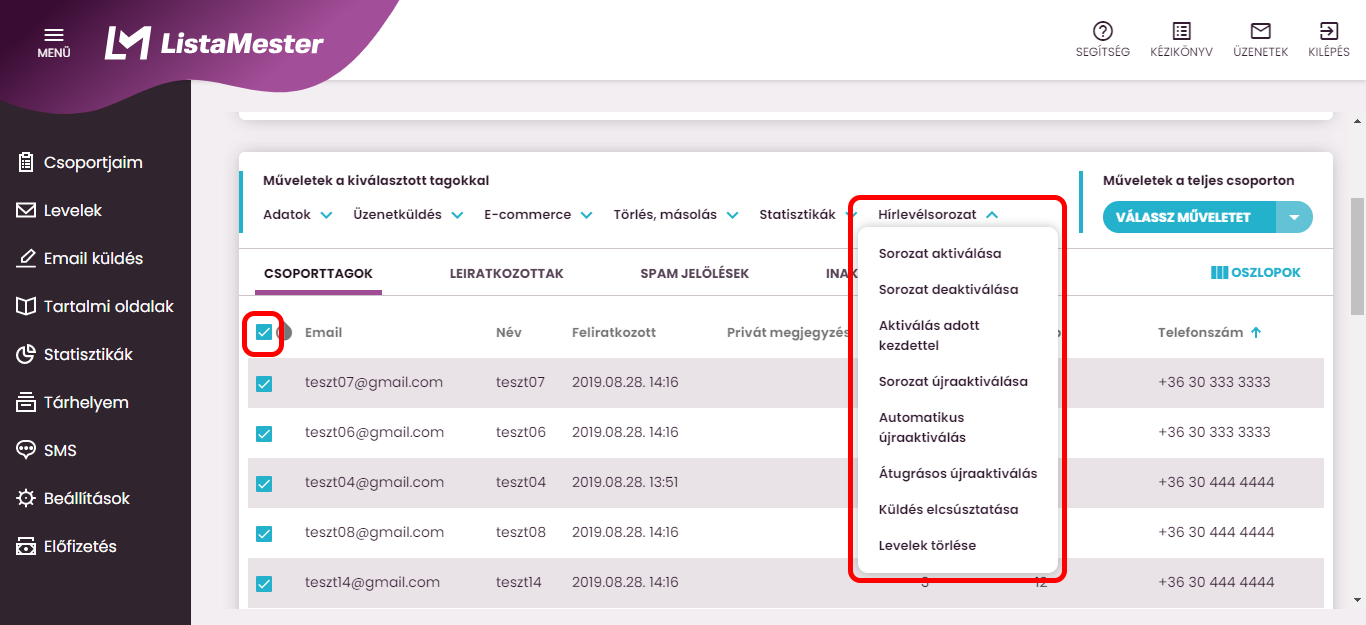 Listamester - kézikönyv - csoporttagok - szűrők -szűrt tagok hírlevélsorozat műveletek