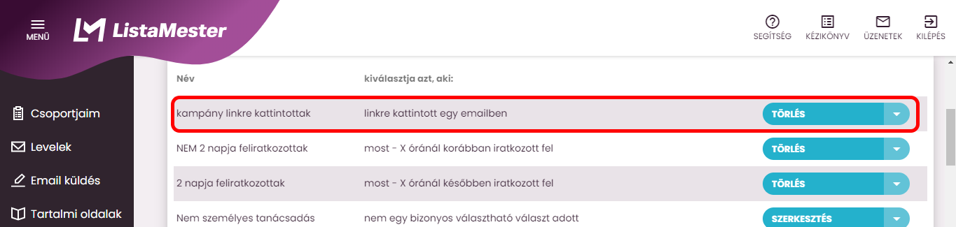 Listamester - kézikönyv - csoporttagok - új szűrő lista-linkre kattintott egy emailben