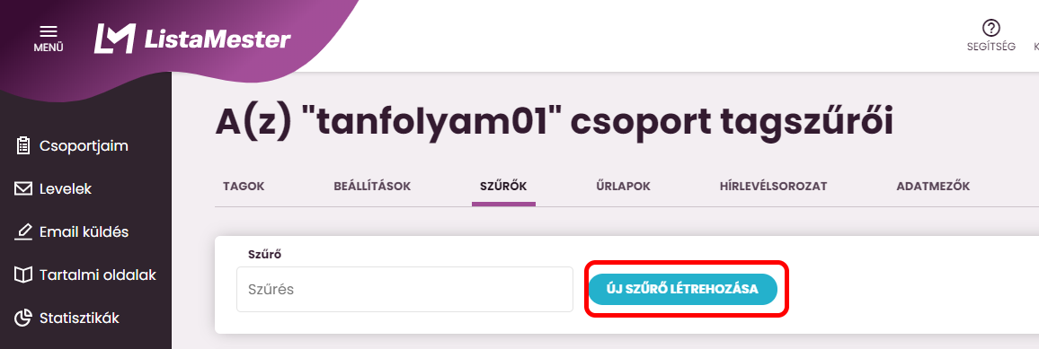 Listamester - kézikönyv - csoporttagok - új szűrő létrehozása