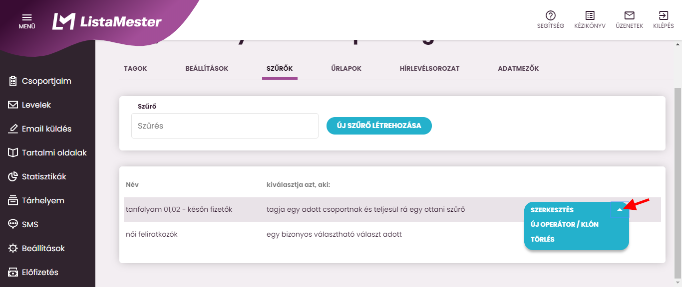 Listamester - kézikönyv - csoporttagok -szűrő törlése