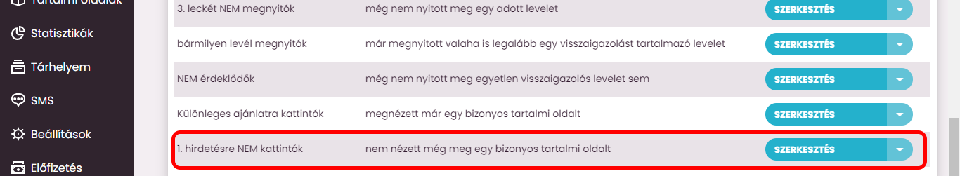 Listamester - kézikönyv - csoporttagok - szűrő lista-nem nézett még meg egy bizonyos tartalmi oldalt