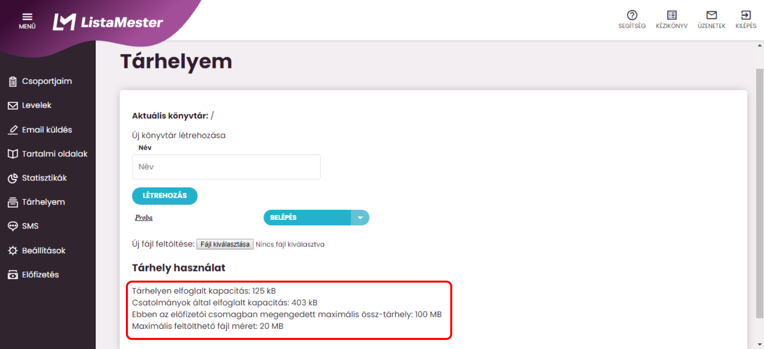 Listamester - Kézikönyv - Tárhely kapacitás