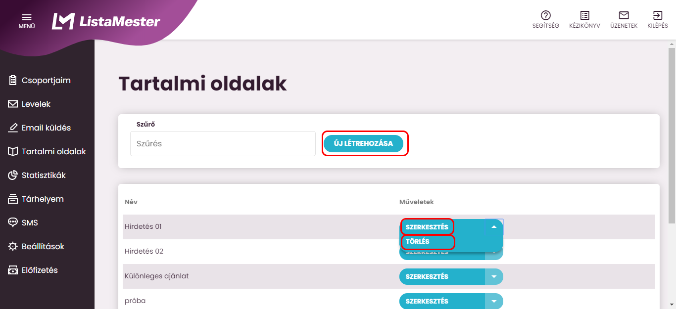 Listamester - Kézikönyv - Tartalmi oldal szerkesztése/törlése