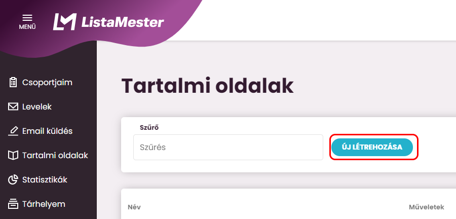 Listamester - Kézikönyv - Új tartalmi oldal létrehozása