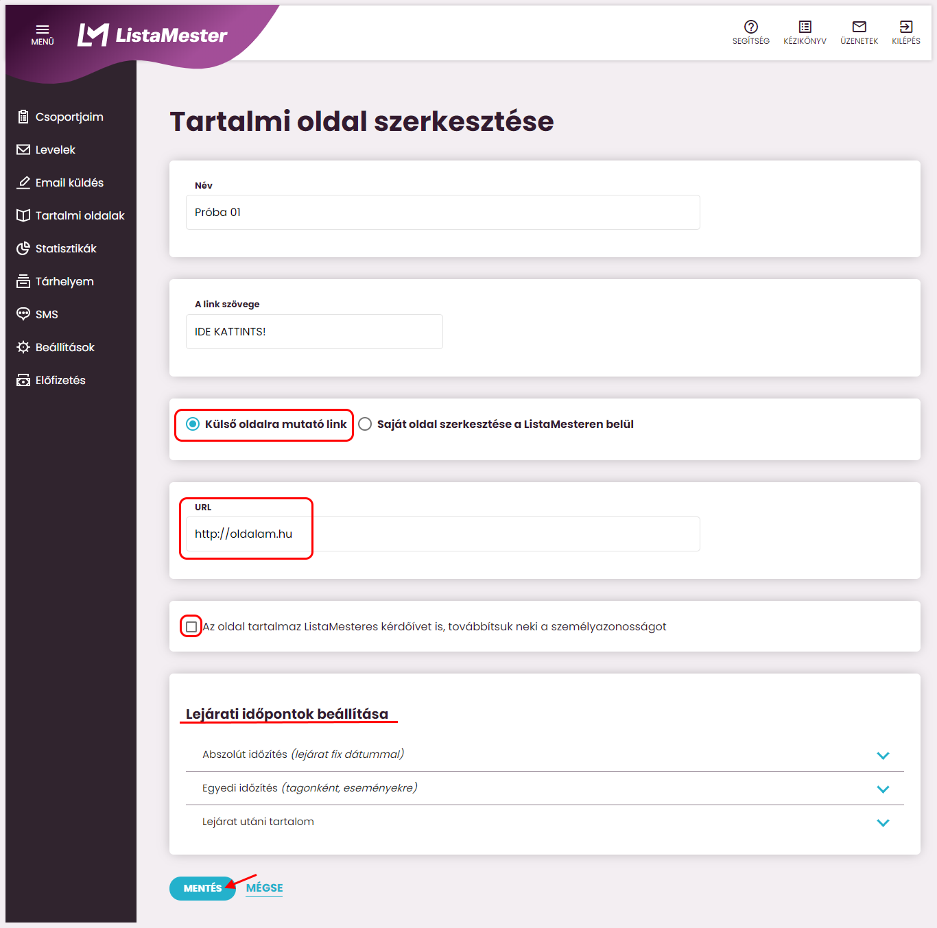 Listamester - Kézikönyv - Tartalmi oldal szerkesztése