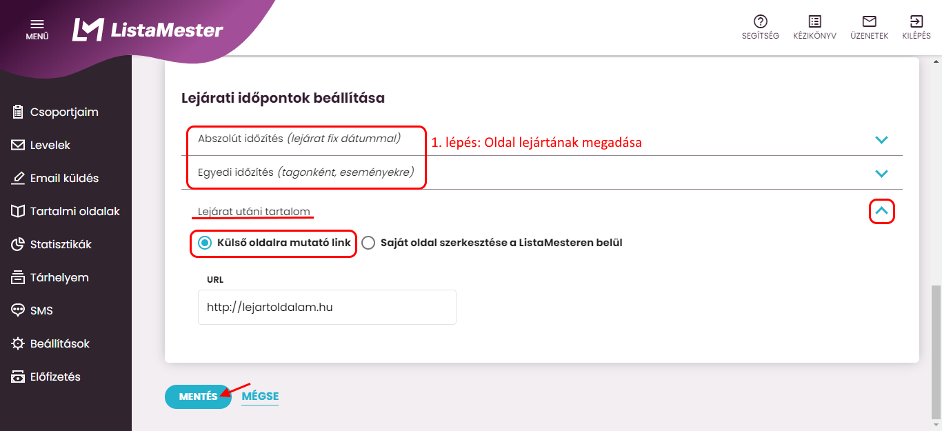 Listamester - Kézikönyv - Tartalmi oldal - Lejárat utáni weboldal