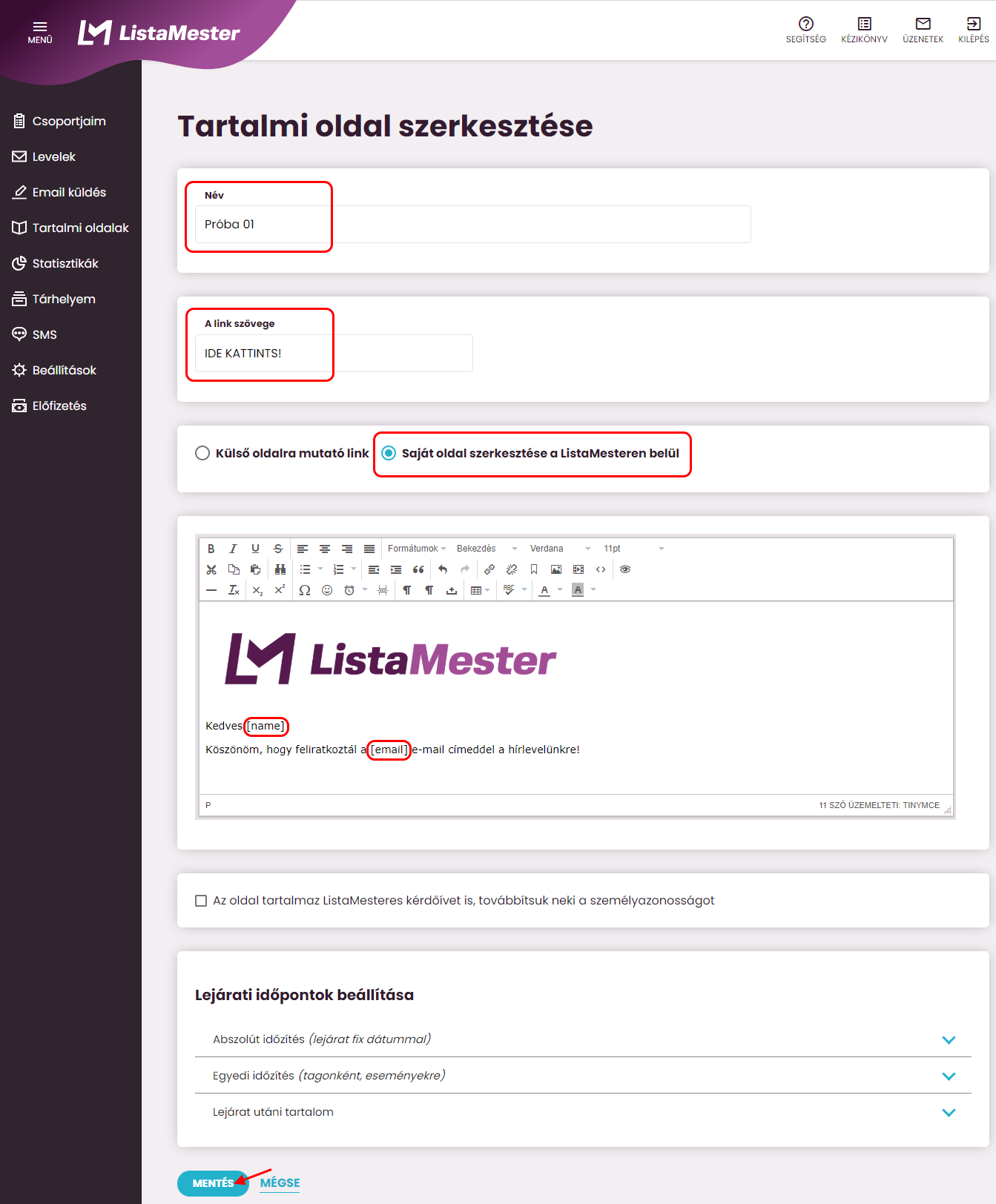 Listamester - Kézikönyv - Tartalmi oldal szerkesztése - Saját oldal szerkesztése LM-en belül