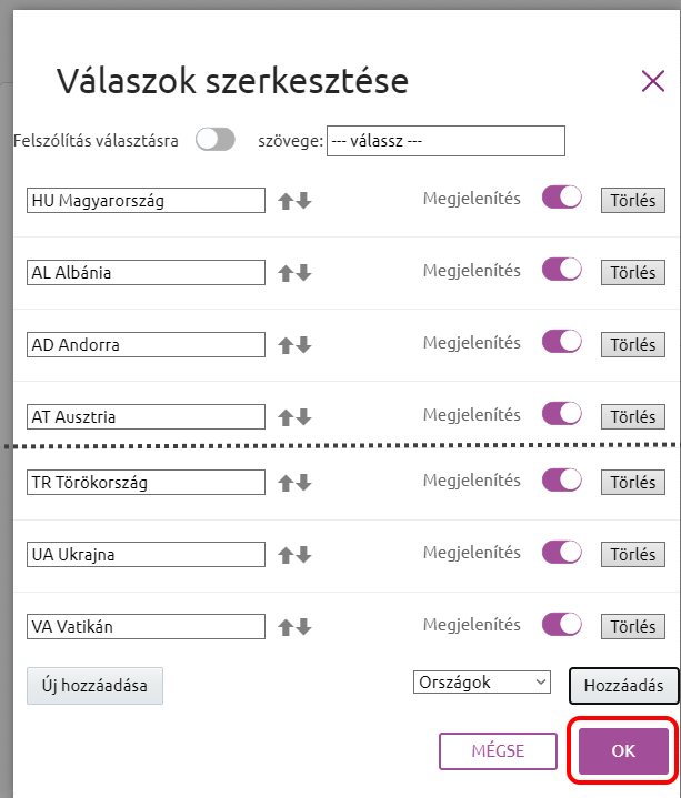 Űrlapok - Űrlapvarázsló - Adatmezők létrehozása - Ország kiválasztása 2.