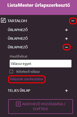 Űrlapok - Űrlapvarázsló - Adatmezők válaszainak szerkesztése 1.