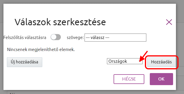 Űrlapok - Űrlapvarázsló - Adatmezők létrehozása - Ország kiválasztása