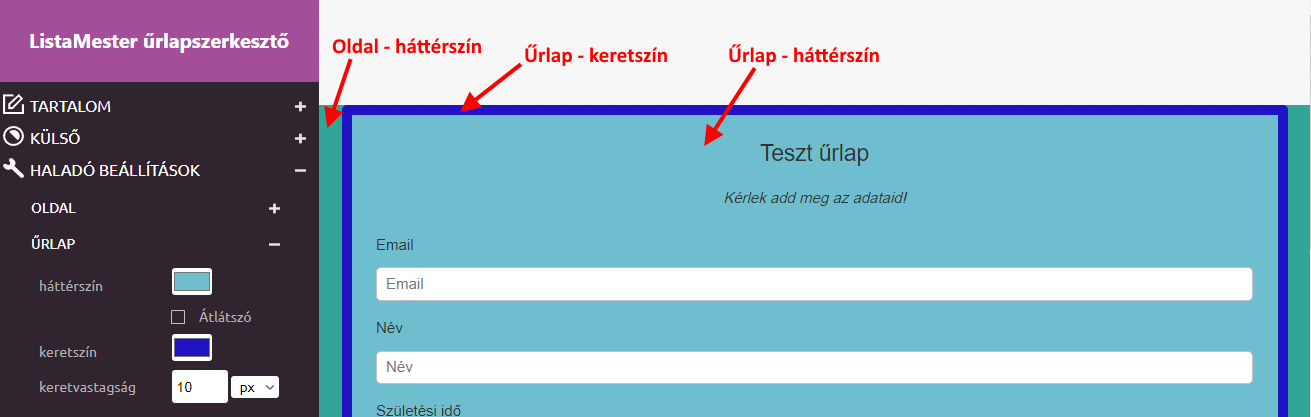 Űrlapok - Űrlapvarázsló - Külső - haladó - háttérszínek