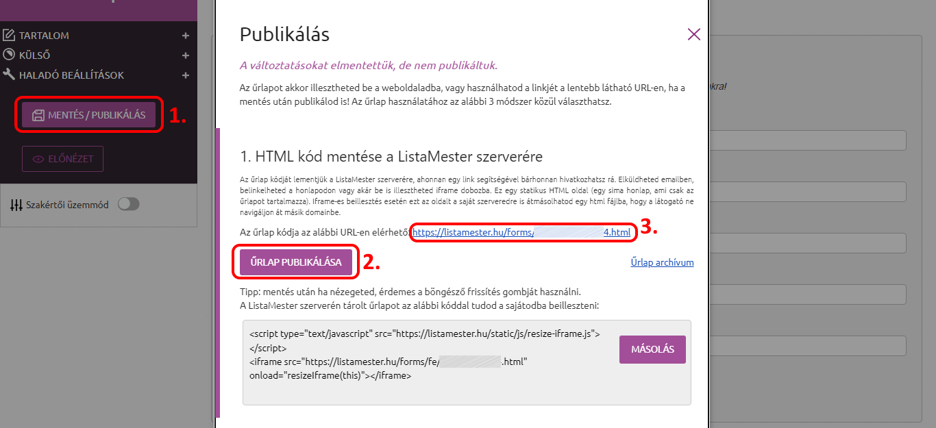 Listamester-Kézikönyv-Űrlapok - Adatmódosító űrlap - űrlap publikálása