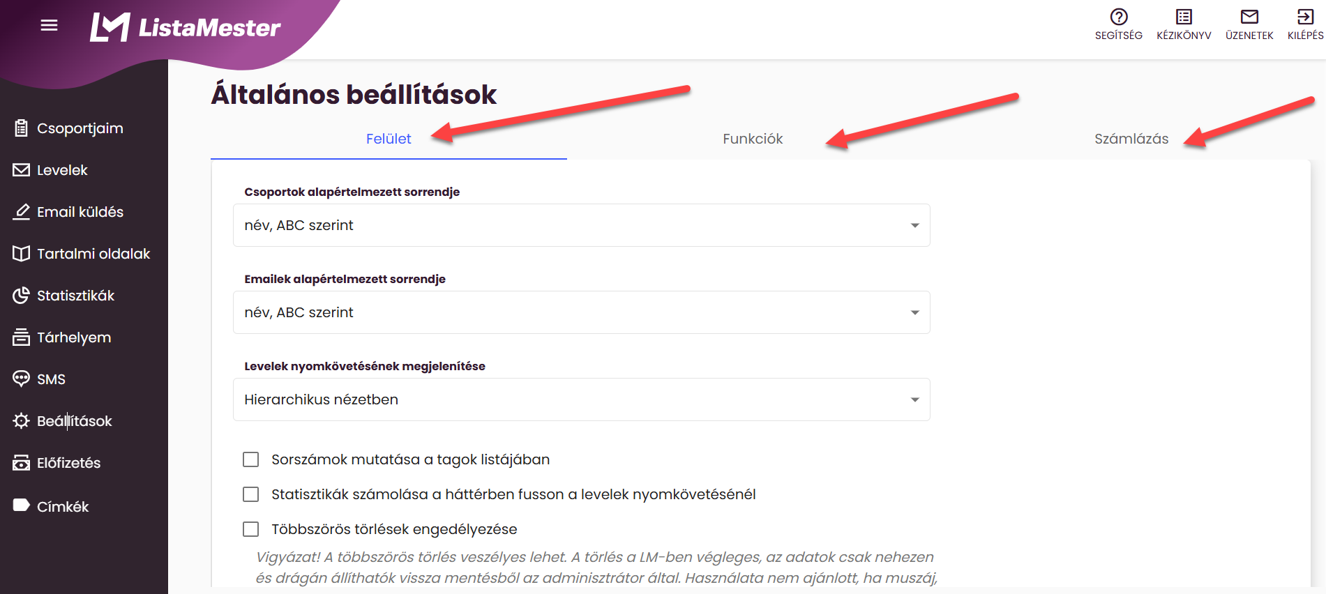 Beállítások - Általános - Felület, Funkciók és Számlázás fül