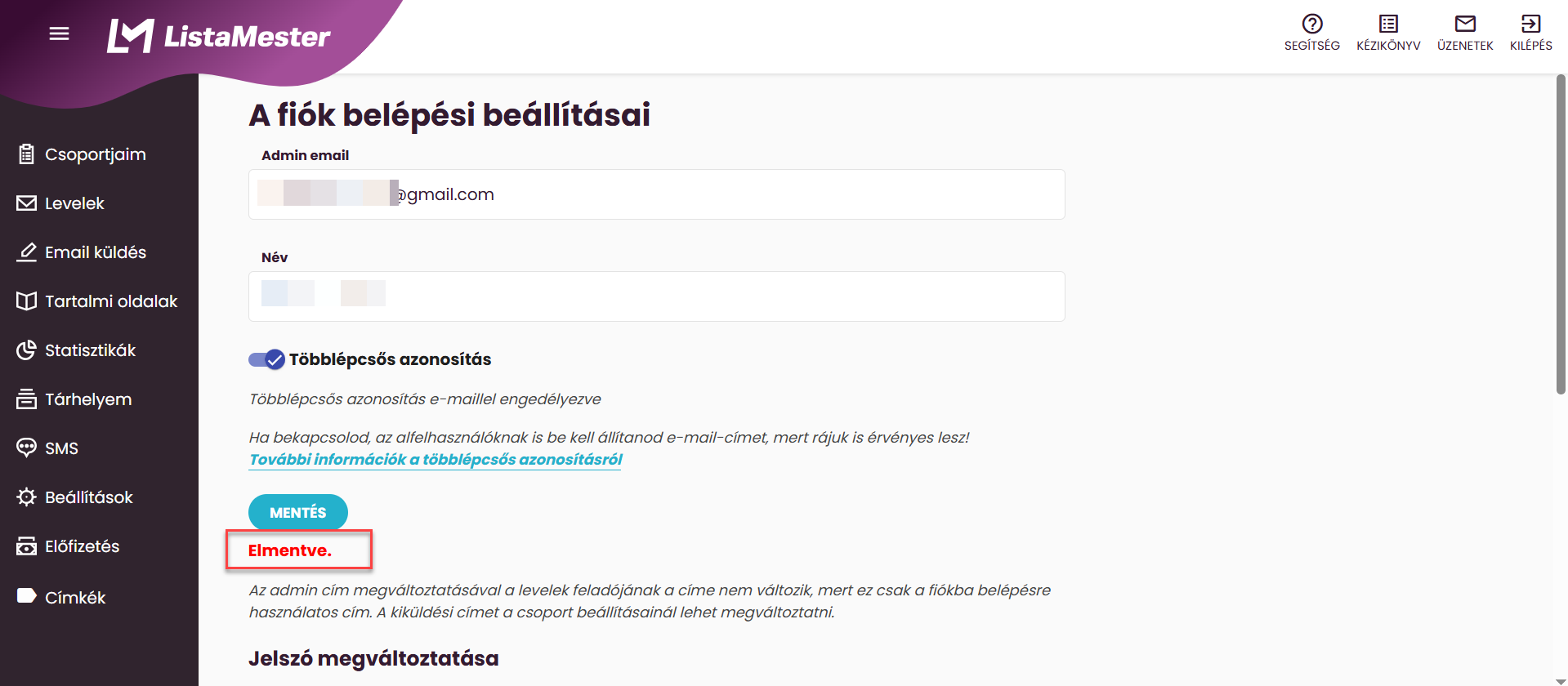 ListaMester - Útmutatók - Admin email cím elmentve