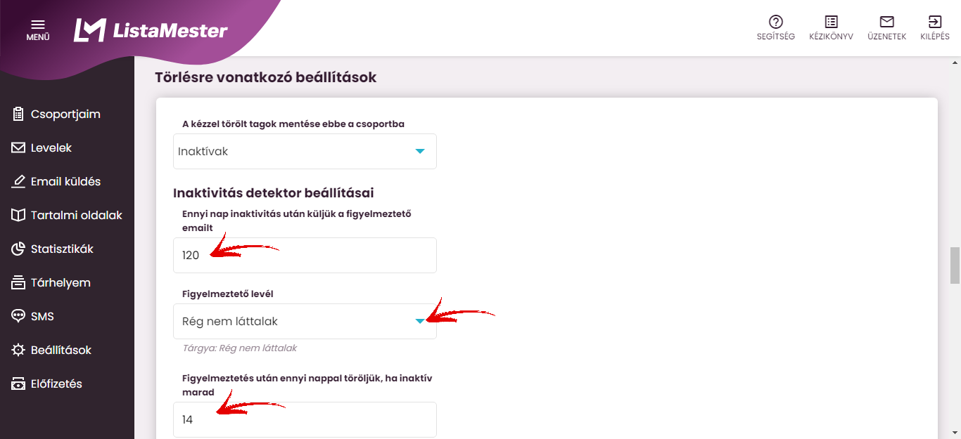 Listamester - Kézikönyv - csoportjaim - beállítások - inaktivitási detektor