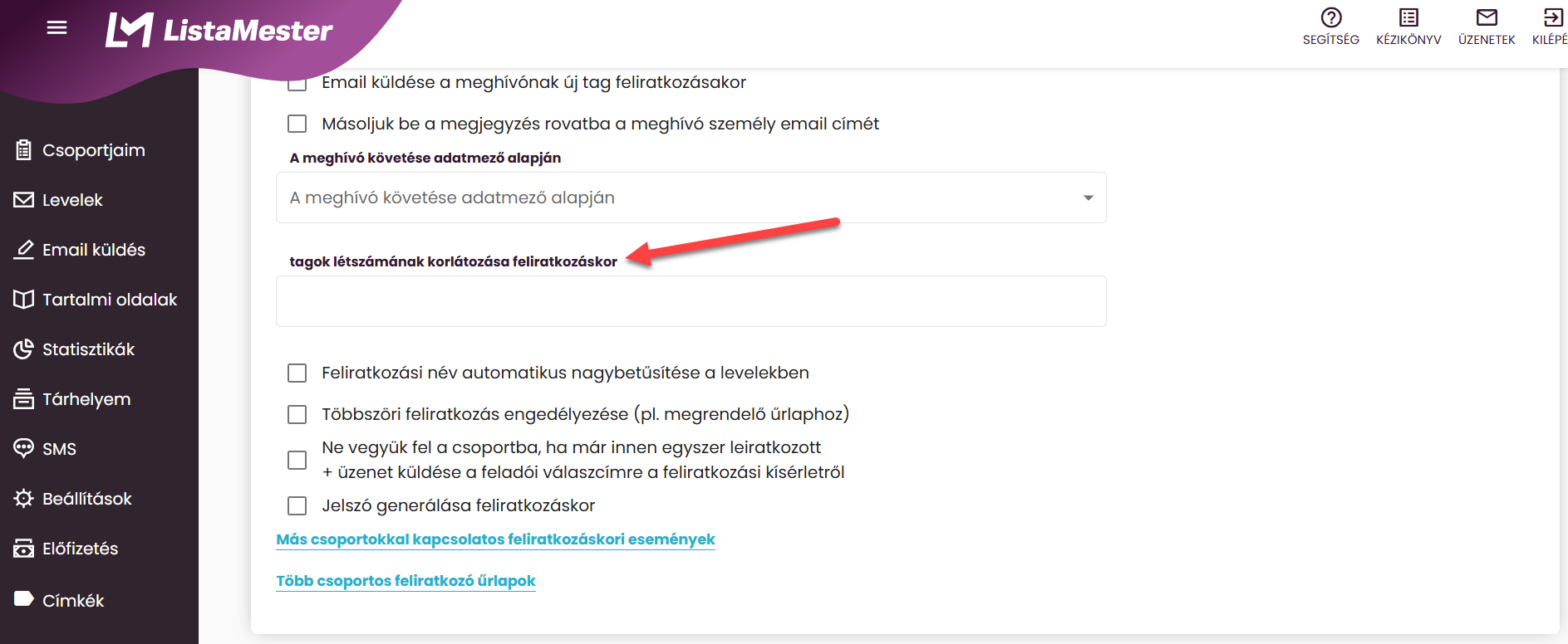 Listamester - Kézikönyv - Csoportjaim - Beállítások - Feliratkozás