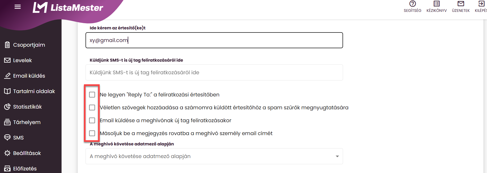 Listamester - Kézikönyv - Csoportjaim - Beállítások - Feliratkozás