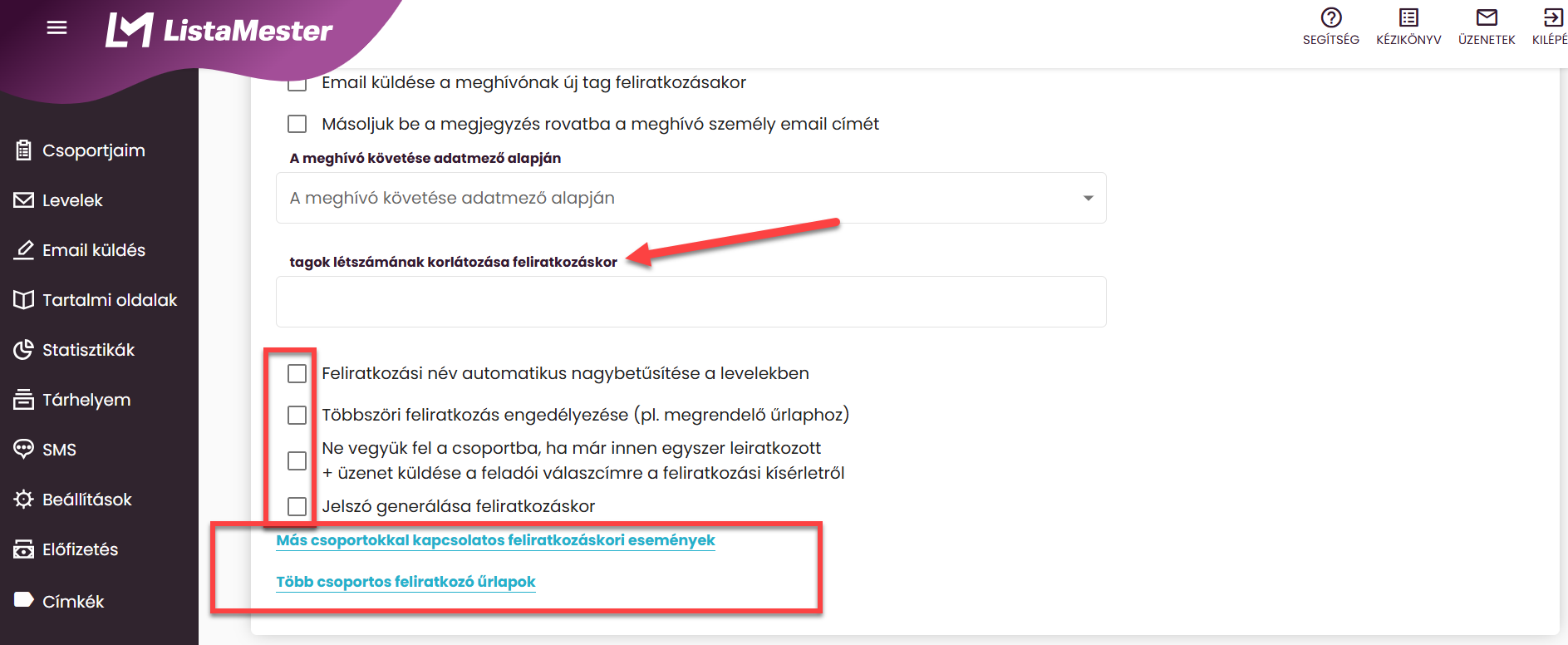 Listamester - Kézikönyv - Csoportjaim - Beállítások - Feliratkozás