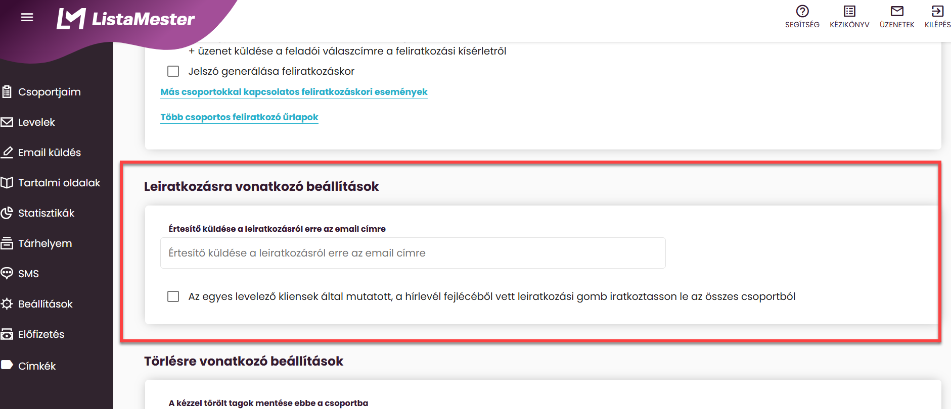 Listamester - Kézikönyv - csoportjaim - beállítások - inaktivitási detektor