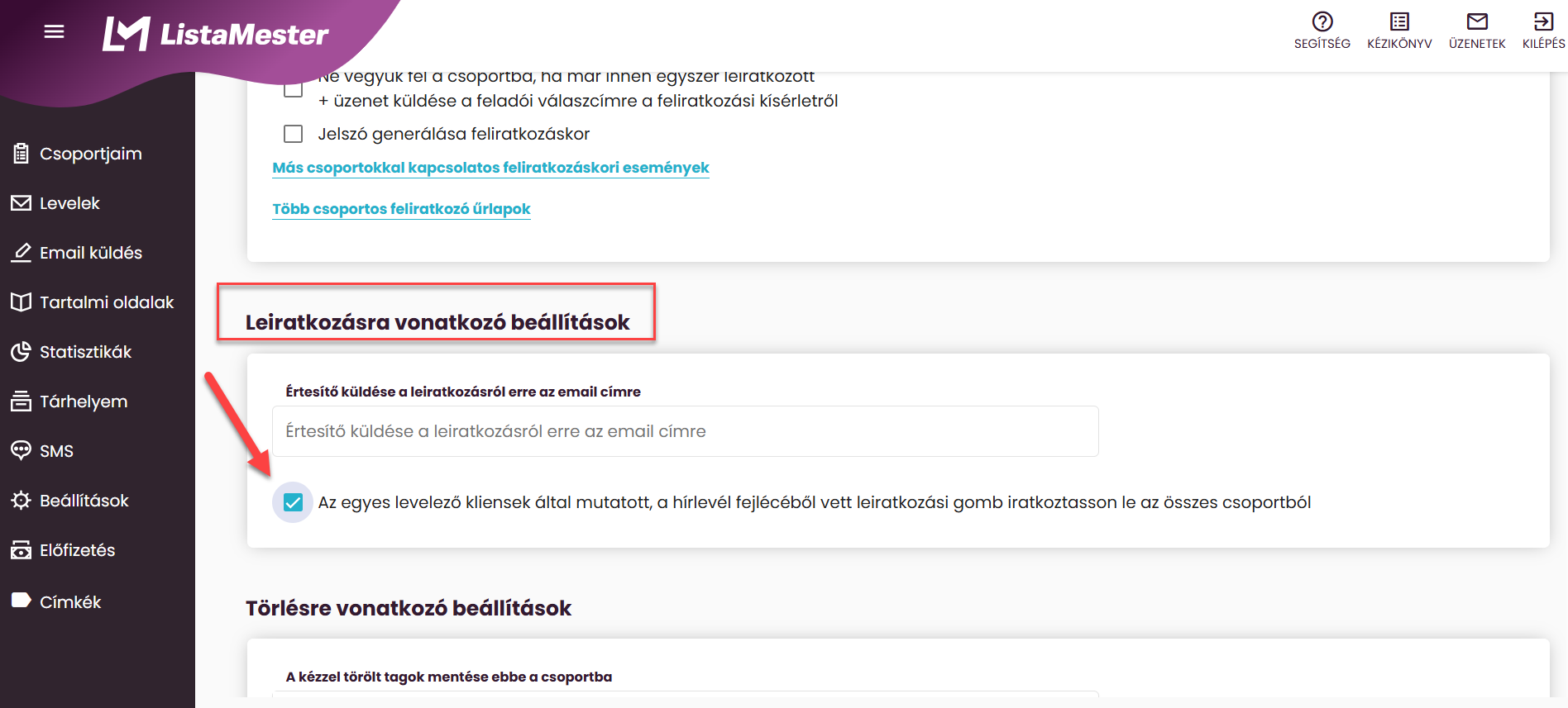 Listamester - Kézikönyv - csoportjaim - beállítások - inaktivitási detektor