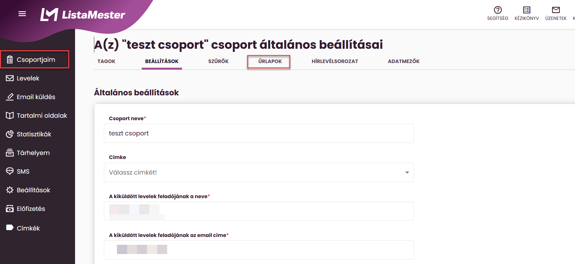 ListaMester - Útmutató - Csoportjaim - Űrlapok