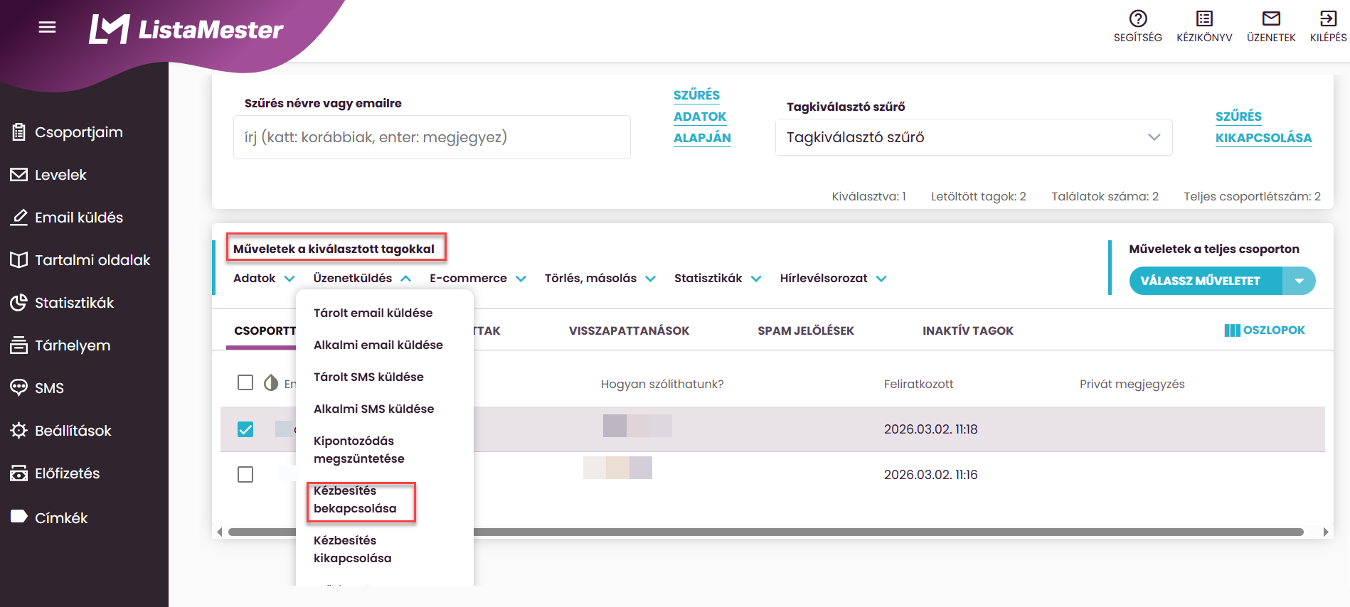 ListaMester - Útmutató - Kézbesítés bekapcsolása
