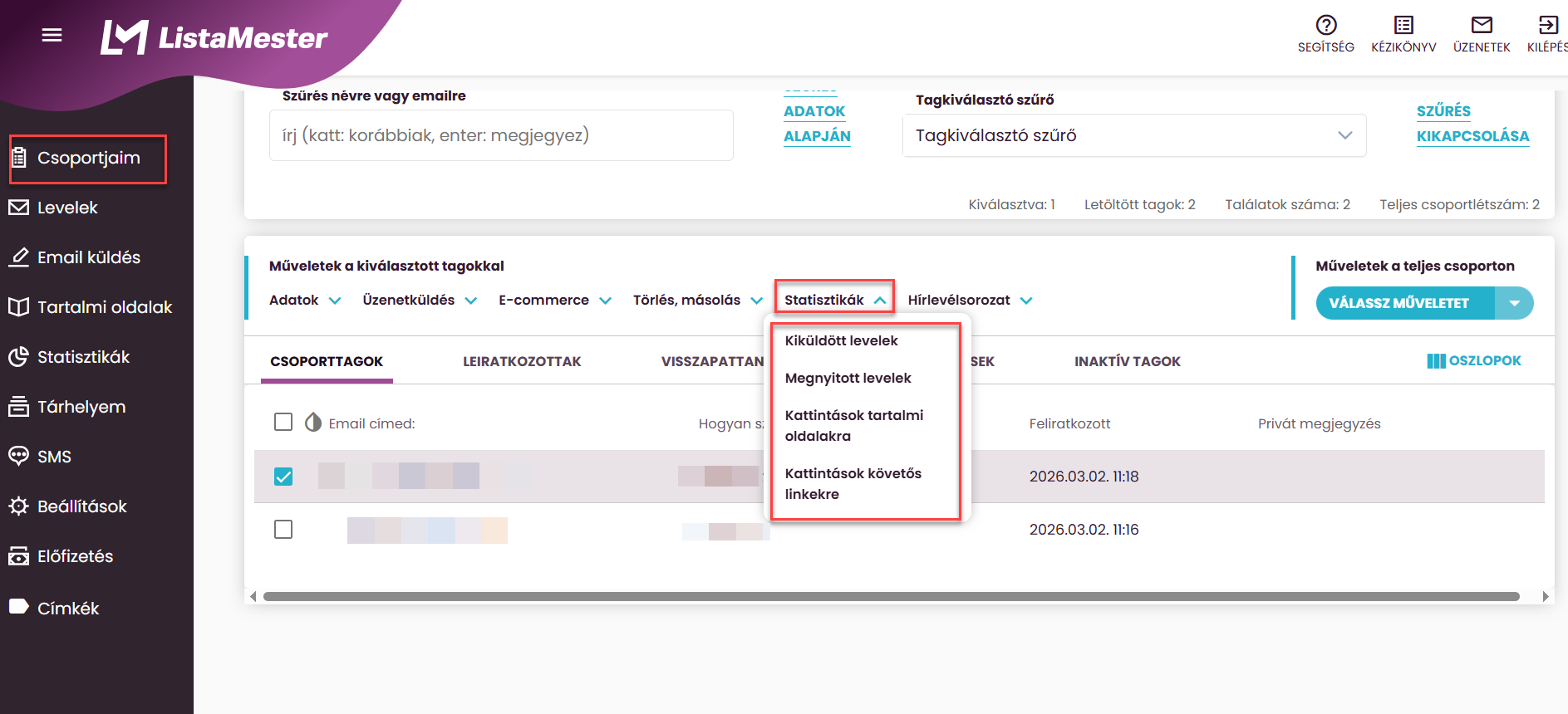 ListaMester - Útmutató - Csoporttagok statisztikái