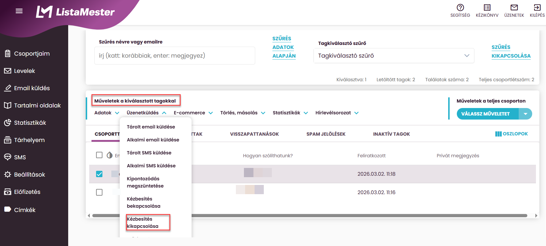 ListaMester - Útmutató - Kézbesítés kikapcsolása