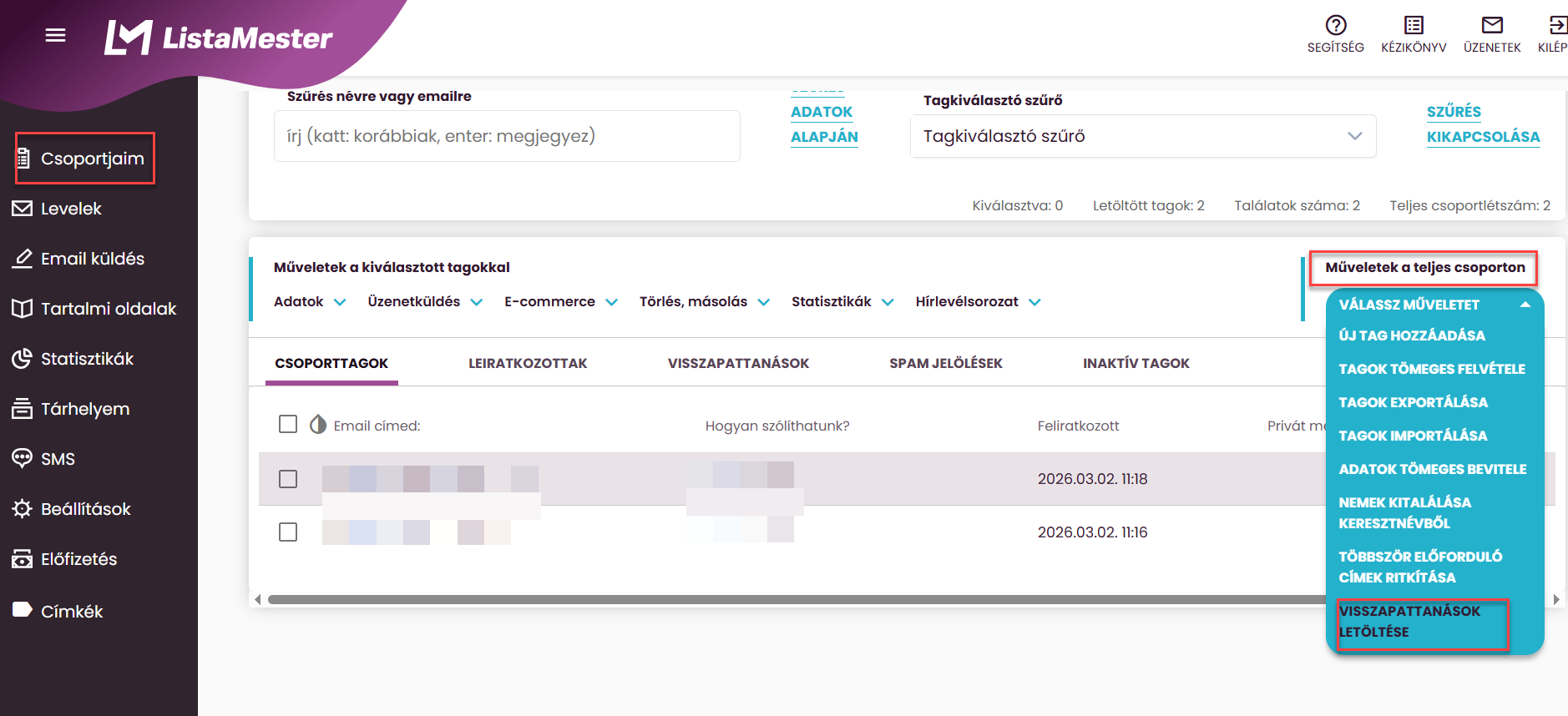 ListaMester - Útmutató - Visszapattanások letöltése 