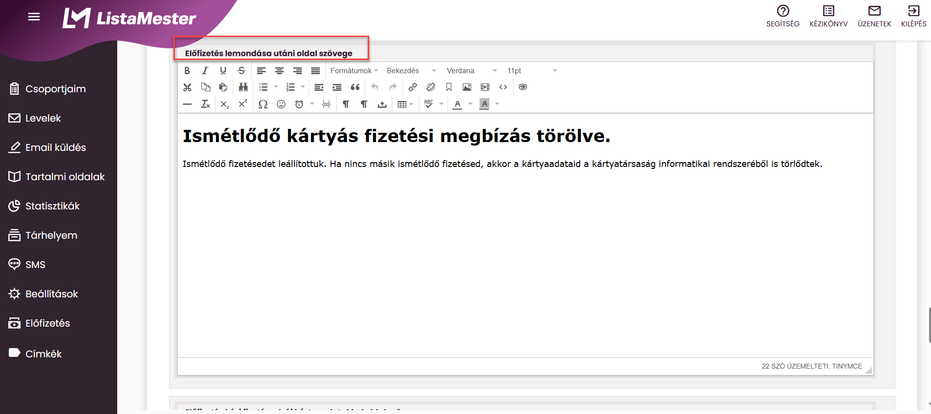 ListaMester - Útmutató - Ismétlődő fizetés - Lemondás kész oldal