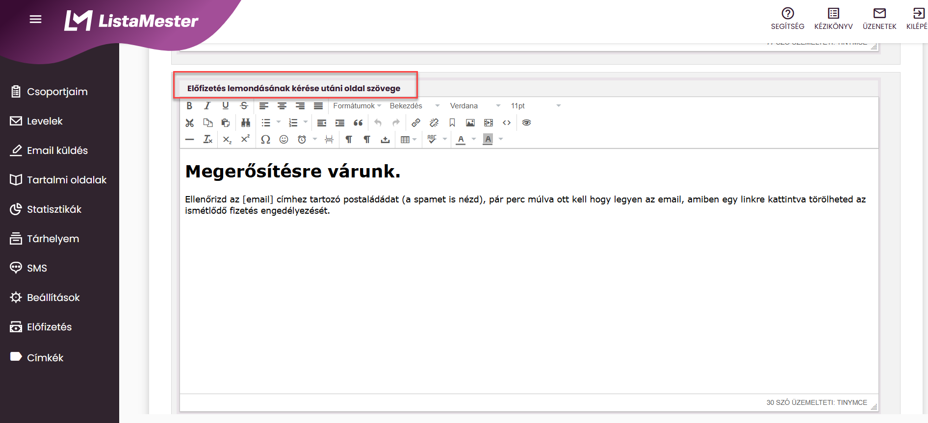 ListaMester - Útmutató - Ismétlődő fizetés - Lemondás megerősítő email utáni oldal