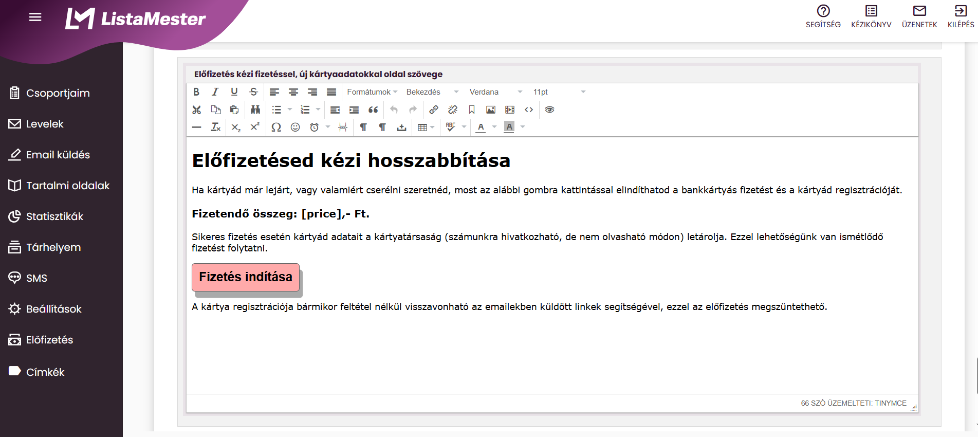 ListaMester - Útmutató - Ismétlődő fizetés - Kártyaadatok frissítése oldal