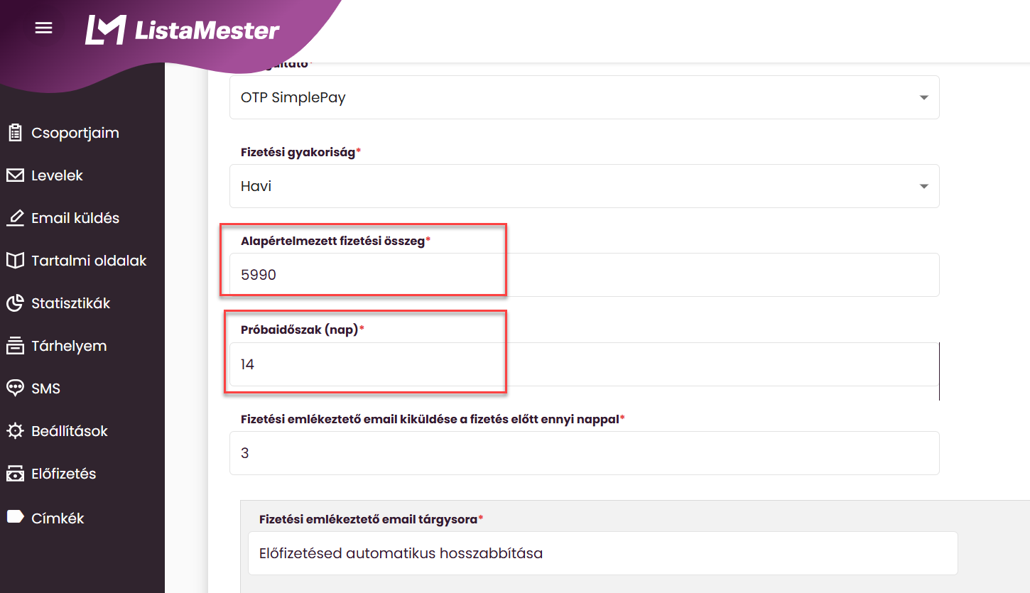 ListaMester - Útmutató - Ismétlődő fizetés - Csoport létrehozása és beállítások
