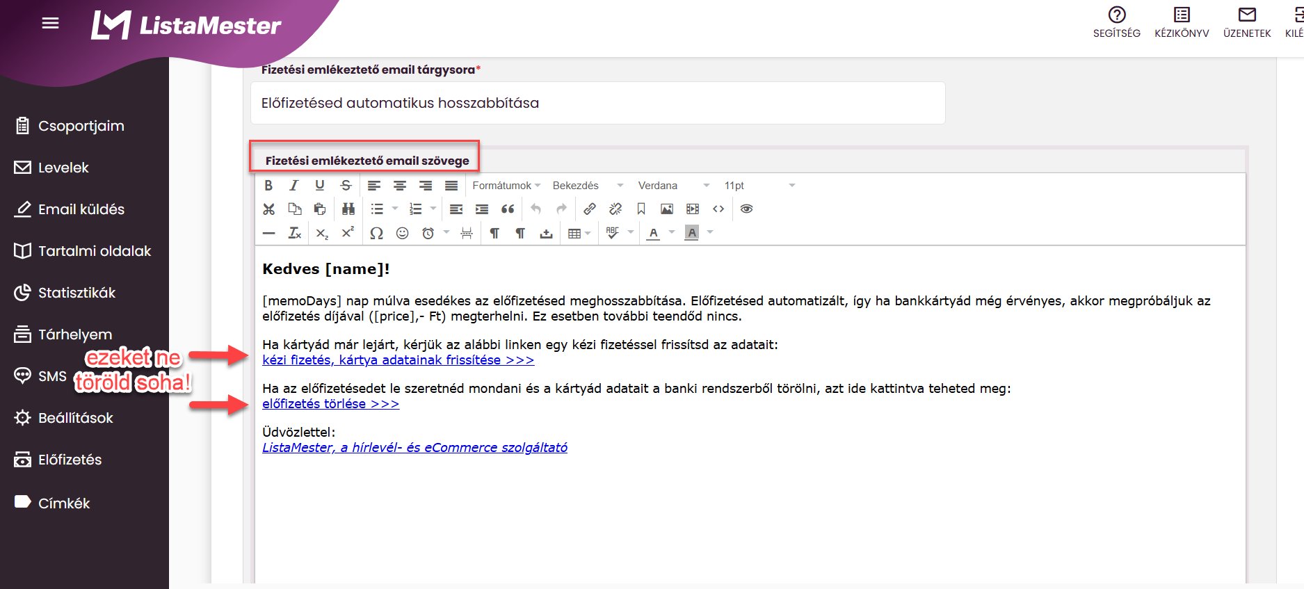 ListaMester - Útmutató - Ismétlődő fizetés - Fizetési emlékeztető email