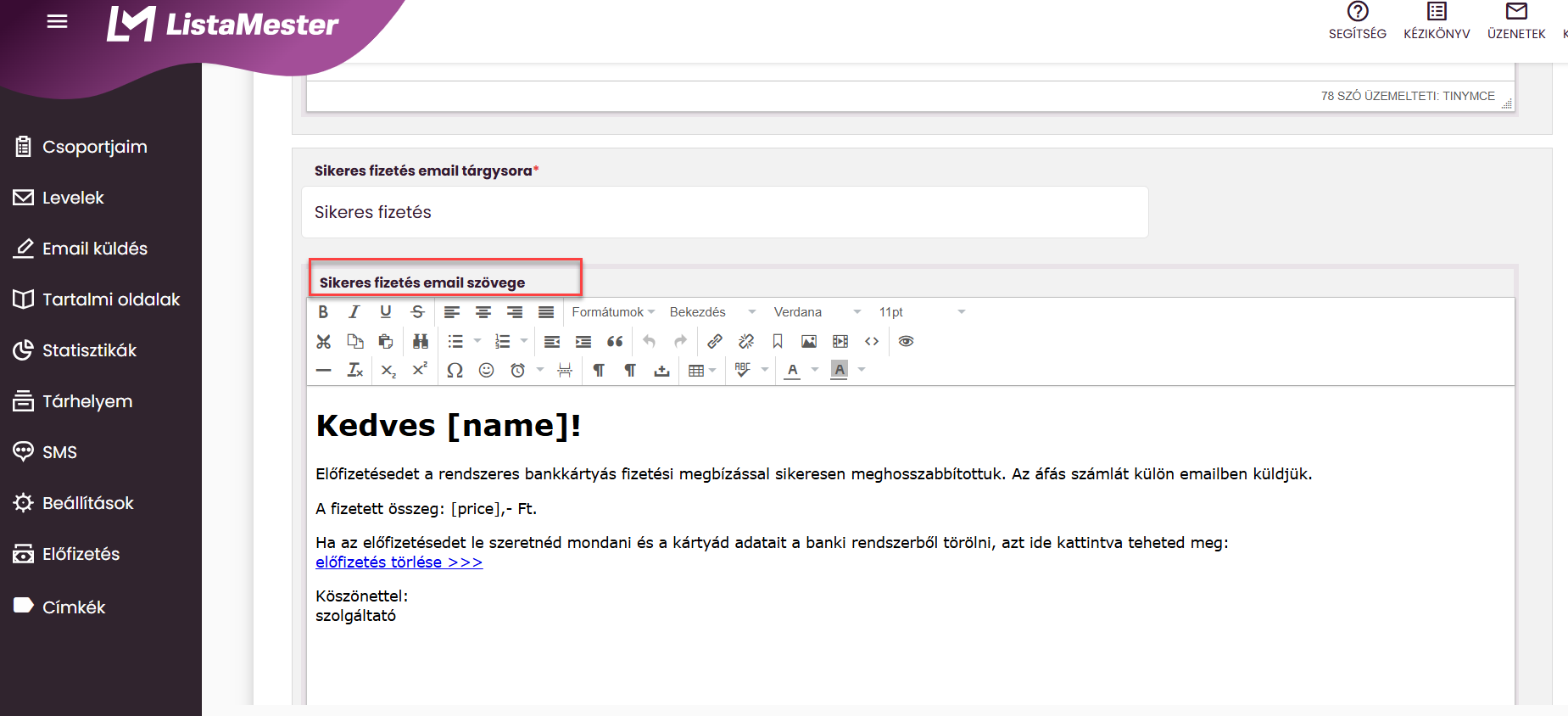ListaMester - Útmutató - Ismétlődő fizetés - Sikeres fizetés email