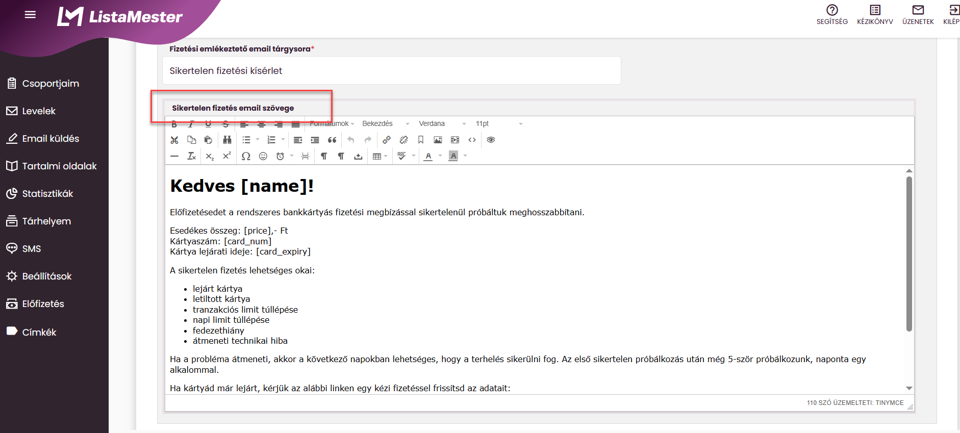 ListaMester - Útmutató - Ismétlődő fizetés - Sikertelen fizetés email