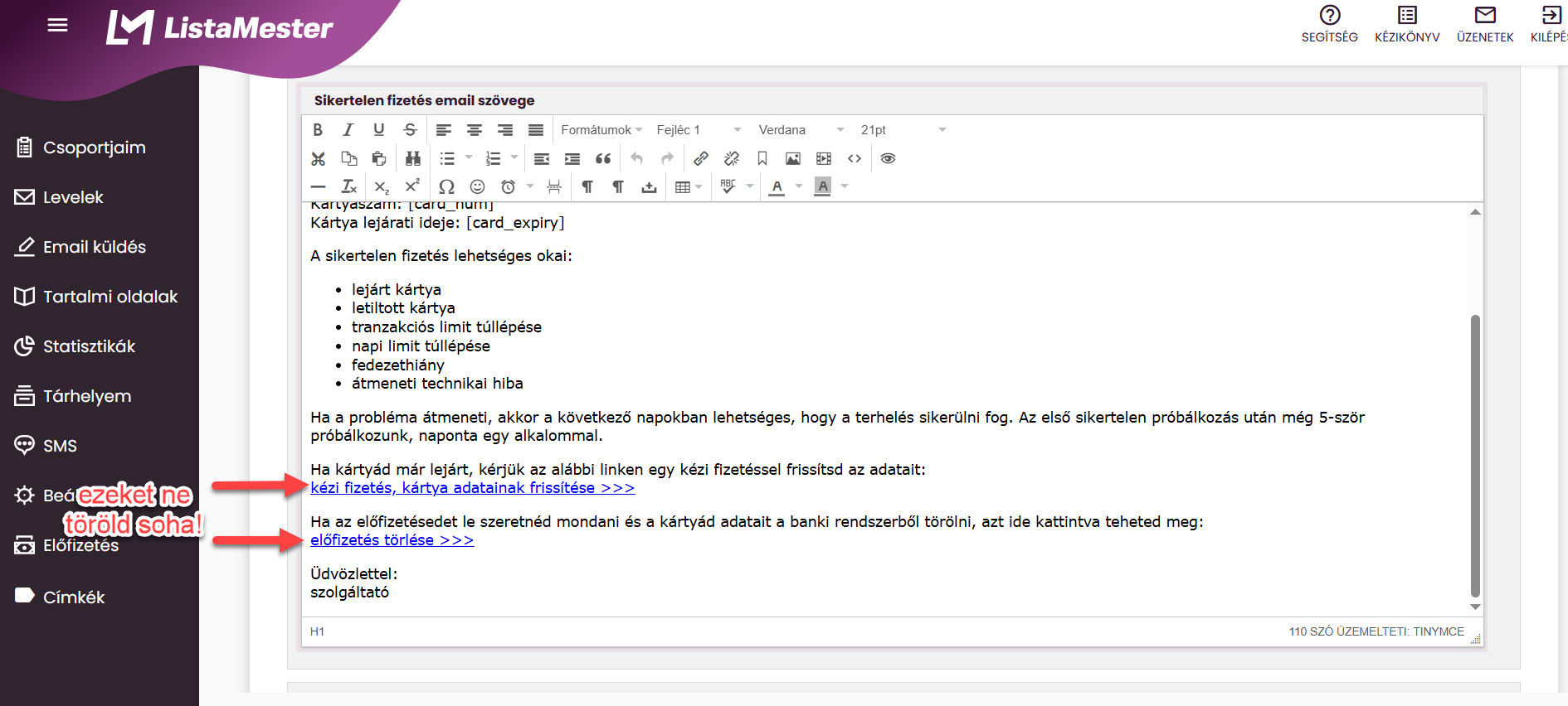 ListaMester - Útmutató - Ismétlődő fizetés - Sikertelen fizetés email