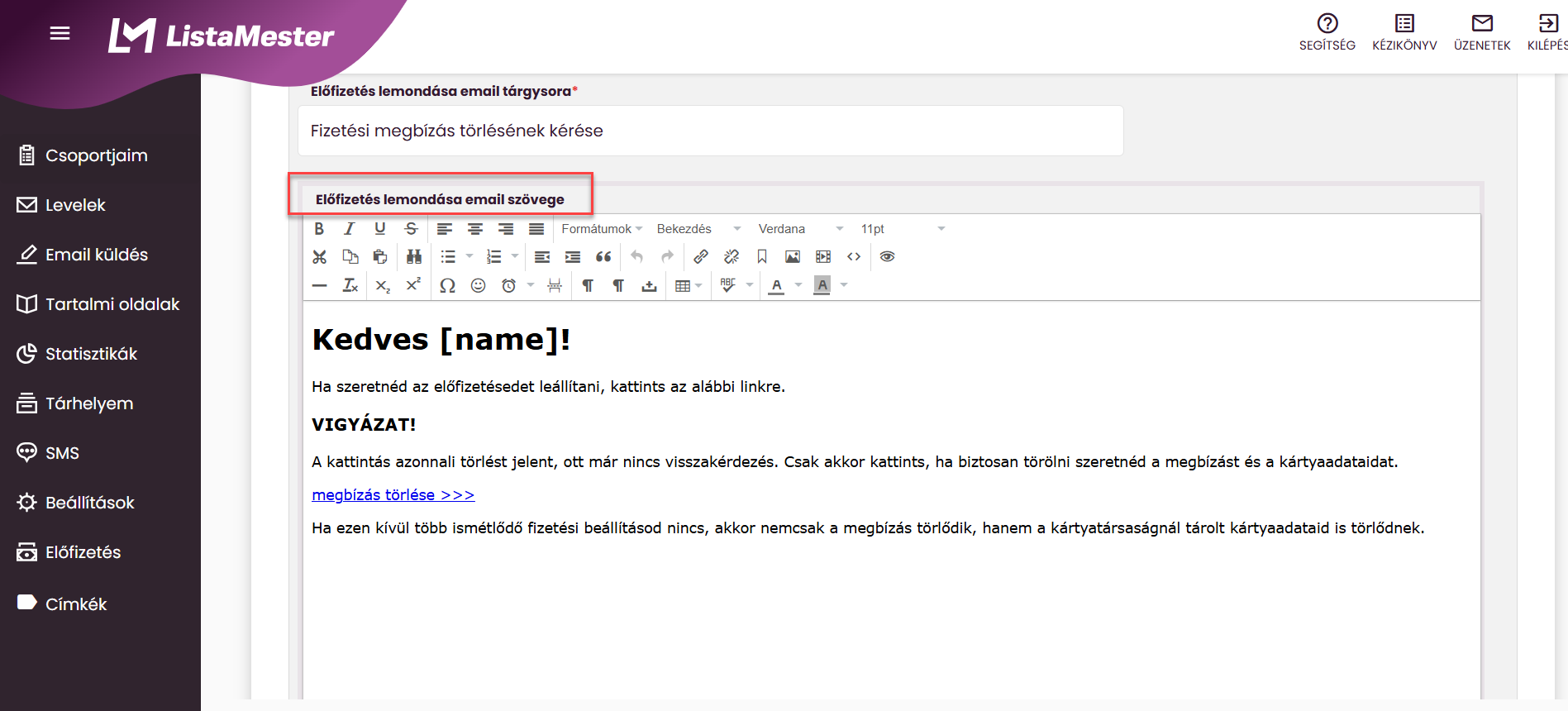 ListaMester - Útmutató - Ismétlődő fizetés - Lemondást megerősítő email