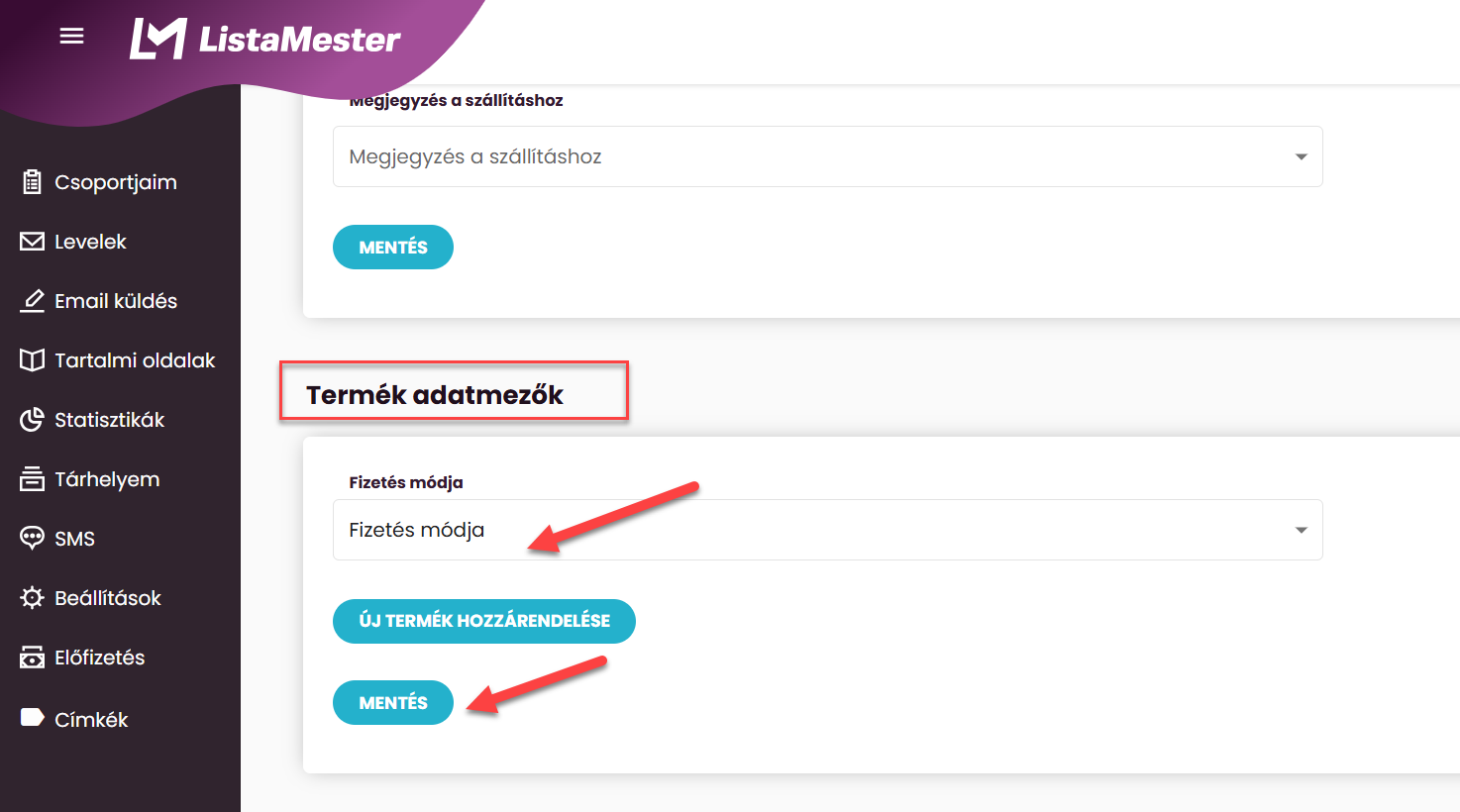 ListaMester - Útmutató - Több termék egy oldalon - Fizetési mód