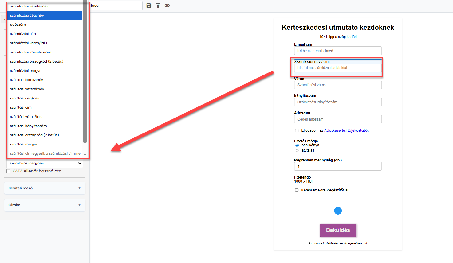 ListaMester - Útmutató - Számlázási adatmezők