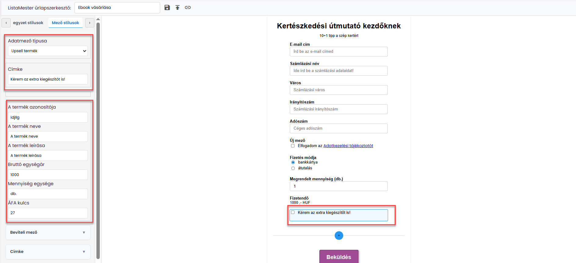 ListaMester - Útmutató - Upsell adatmezők