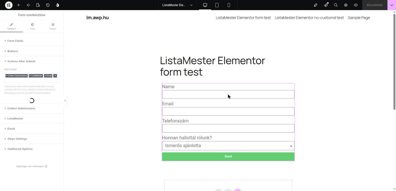 ListaMester kiválasztása az Elementor Form widget Actions After Submit listájában