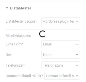 ListaMester csoport kiválasztása és mezőtérképezés az Elementor panelen