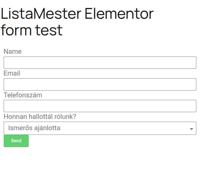 A látogató által kitöltendő Elementor űrlap előnézete a honlapon