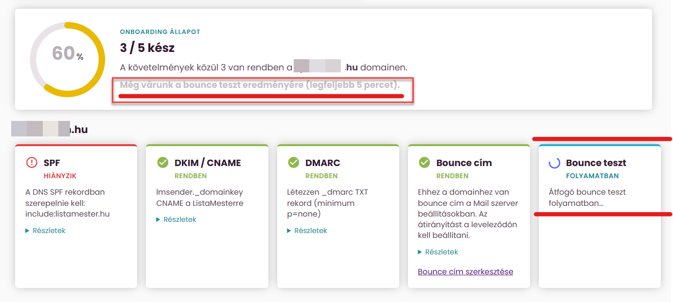 ListaMester - Útmutató - Kézbesítési megfelelőség - Kiküldő domain - Bounce teszt