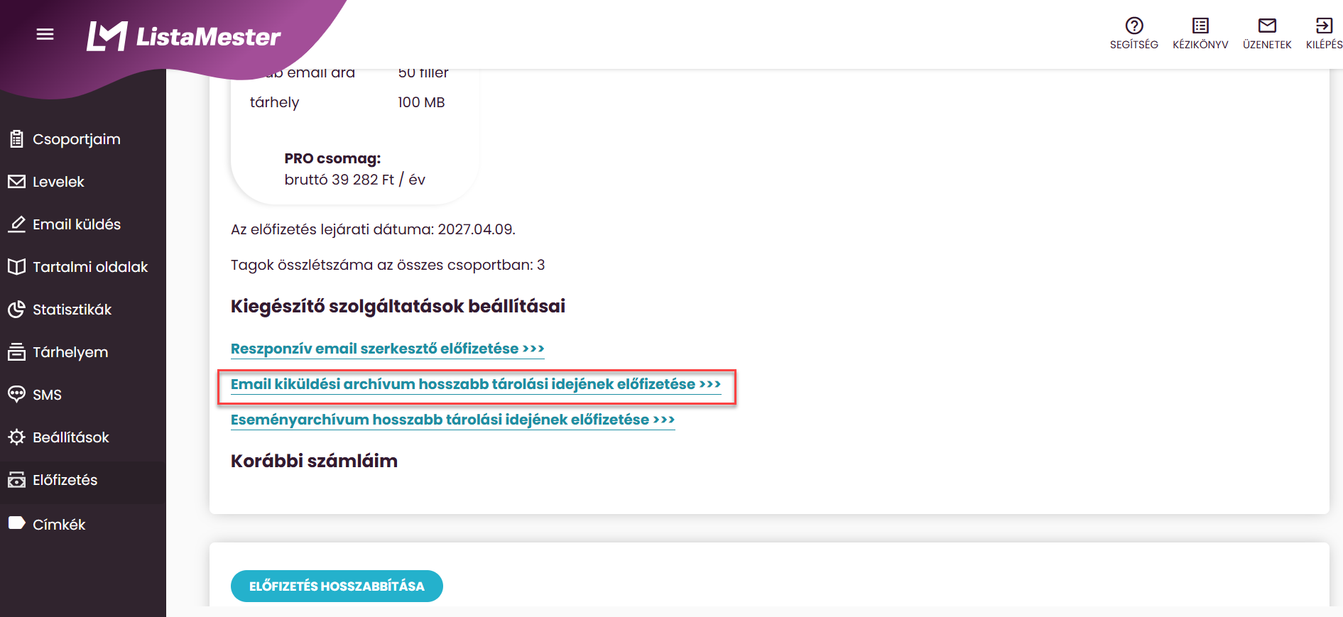 ListaMester - Útmutató - email küldési archívum